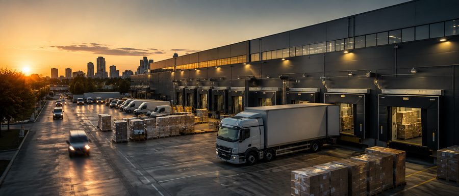 Distributiecentrum van De Boer Logistiek Groep bij zonsopkomst