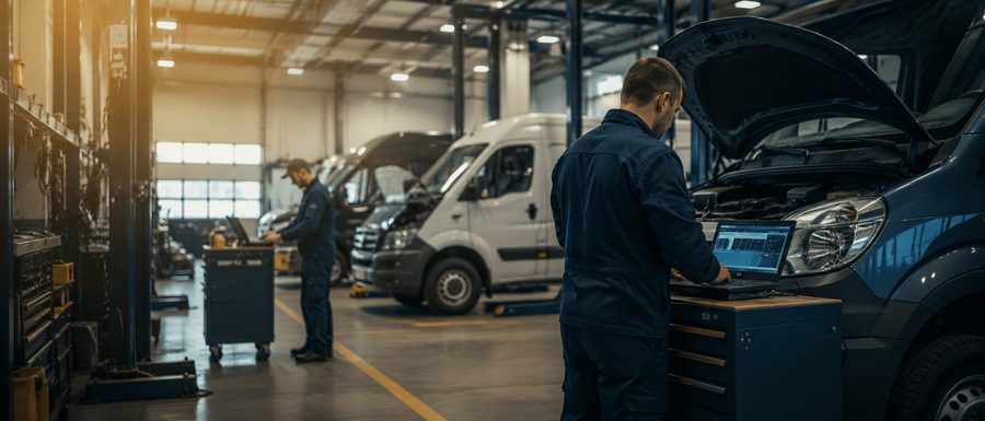 Monteur van TechnoFleet Services werkt aan een bedrijfswagen